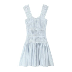 Hnewly Sexy Blue White Striped Elastic Strap Slash Shoulder Dress Folded Elastic Waist Swing A-line Short Tank Robe Holiday Woman