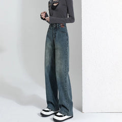 Hnewly Spring Vinatge High Waist Straight Jeans Women Korean Double Buttons Wide Leg Denim Pants Woman Classic Baggy Jeans Trousers