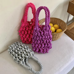 Hnewly Ins Hollowed Out Handmade Handbag Cotton Crochet Rope Woven Tote Bag Casual Versatile Vacation Beach Grass Bags