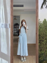 Hnewly Blue Collar Short Sleeve Midi Dress Women's A-Line Waist-Cinching Summer Soft Style Knot Front Casual Dress
