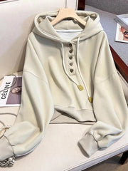 Hnewly Chic Sweet Women Hoodies Long Sleeve Korean Simple Solid Fashion Sweatshirt Fall New Love Buttons Lace Up Cute Short Tops