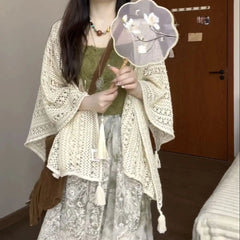 Hnewly Lace Shawl Cardigan Bohemian Tassel Hollowed Out Loose Apricot Top For Women's Summer Vacation Style Sun Protection Cover