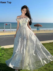 Hnewly Fashion Bohemian Print Long Dresses France Elegant Ruffles Strap Beach Holiday Vestidos Summer Korean A-line Robe Women