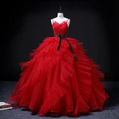Hnewly New Arrival Red Tulle Ruffles Sweetheart Evening Dresses Spaghetti Straps Quinceanera Prom Gown With Sashes