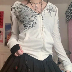 Hnewly y2k Hoodies Women Rhinestone Graphic Print Long Sleeve Hooded Coat Tops Gothic Grunge Sweatshirts 2000s Streetwear