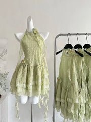 Lunivop Y2K Sweet Chic Dress Women Slim Fit Waist Cinched Lace Halter Neck Sleeveless Mini Dress Summer Harajuku Fashion Outfit