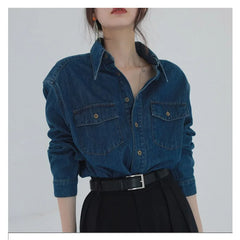 Hnewly Women Denim Shirt Long Sleeve Polo -Neck French Retro Spring Autumn New Korean Style Slim Washed Denim Coat Femal Casual Shirt