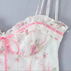 Lunivop Women Wire Bra Wood ears Bow V Collar Push Up Bandage Backless Sling Dress Sexy Floral Print Night Out Party Summer Robe