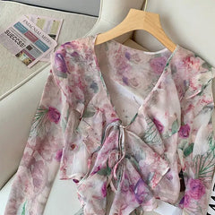 Hnewly Frenched Ruffled Deep V Neck Floral Printed Short Blouses Flared Long Sleeve Mesh Sheer Lace Up Elegant Women Summer Tops Shirts