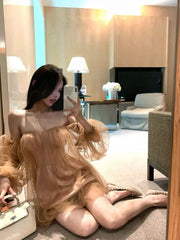 Hnewly Woman Dress Mesh Patchwork Slash Neck Off Shoulder Puff Sleeve Spring Summer Elegant Backless Sweet Mini Dresses