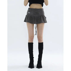 Hnewly Japanese Style Striped Skirt Women Vintage Harajuku Lace Up Ruffle Mini Skirt Streetwear Grunge Summer Short Skirts