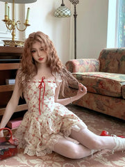 Hnewly DRESS TO IMPRESS 2024 New Sweet Floral Dress Set Woman Casual Red Short Cardigan Elegant Lace Y2k Mini Dress Beach Korean Fashion Clothing Suit