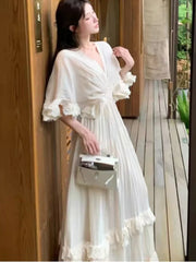 Hnewly Women's Ruffles Fairy French Dress V-Neck Full Skirt Short Sleeves Long Dressses Beach Holiday Vestidos 2025 Summer Fashion New