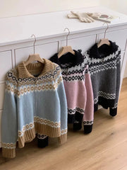 Hnewly Zip Up Fair Isle Sweater Cardigan Thick Warm Knit Zipper Front Sweater Jacket Cozy Knitwear Teen-girl Fall Winter Vintage Outfit