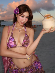 Hnewly Leopard Flower Print 3 Piece Set Women Halter Bra+Strap Shorts+Ruched Skirts Vacation Trend Beach Party Bikini Suits