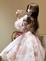 Hnewly New Vintage Floral Sweet Midi Dress Women Irregular Elegant Puff Sleeve Fairy Dress Female Autumn Casual Beach Party Dress