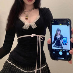 Hnewly Top y2k Women Clothes Lace Trim V Neck Long Sleeve T Shirt with Bow Decor 2000s Coquette Clothing Streetwear