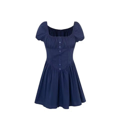 Hnewly Women Navy Blue Ruched Chest Corset Style Short Puff Sleeve Dress Elastic Square Collar Low Waist Pleated Swing Mini Robe