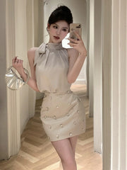 Hnewly Summer Women 2 Piece Skirt Sets Sexy Summer Strapless Bandage Sleeveless Blouses Office Lady Mini Skirts Korean Chic Y2k Suit