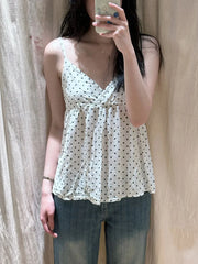 Hnewly Polka Dot White Tank Top for Woman Summer Sexy V-neck Backless Cotton Camisole Female Casual All-match Slim Vest Sweet Tops New