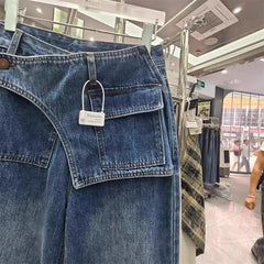 Hnewly Korean Style Fashion Vintage Washed Denim Pants High Waist Irregular Jeans for Women Loose All-match Wide Leg Trousers