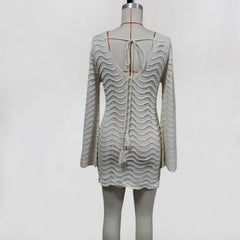 Lunivop Long Sleeve Hollow Out V Neck Crochet Knitted Tunic Beach Cover Up Cover-ups Beach Dress Beach Wear Beachwear Female Women