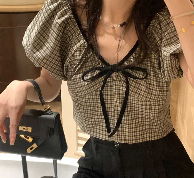 Hnewly Blouses Women Plaid Summer Vintage Fashion V-neck Simple Short Puff Sleeve Leisure Bandage Slim All-match Streetwear Blusas