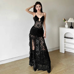 Hnewly Gothic Lace Camis Dress for Women Summer Sexy Hollow Out Patchwork Split Midi Dress Y2K Streetwear Slim Irregular Party Vestidos