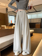Hnewly White Suit Pants for Women Elegant Office Front Pleated Dress Pants Fashion Wide Leg Straight Black Formal Trousers
