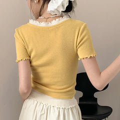 Hnewly Fashion Bow Knot Design O-Neck Spicy Girl Top Streetwear Patchwork Slim Tees for Women Summer New Flared Sleeve Blouse Ladies
