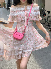 Hnewly Summer Sweet Floral Lace Irregular Dress Women Beach Style Elegant Y2k Dress Casual One Piece Dress Korean Fashion Outwear