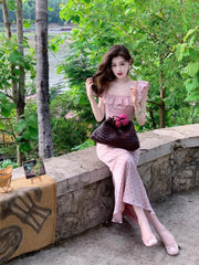 Hnewly French Elegant Satin Midi Dress Female Casual Vintage Lace Sleeveless Ruffles Dress One Piece Dress Korean Fashion Evening Party