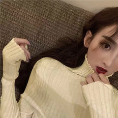 Hnewly Turtleneck Warm Pullovers Women Autumn Winter Simple Basic Soft Knitting Sweaters Y2K Sexy Slim All Match Bottoming Jumper Mujer