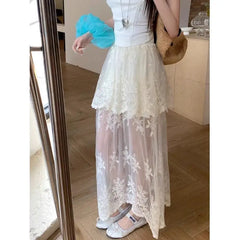 Hnewly Lace Splicing Lace Half Skirt Design Summer New High Waist Slimming Mesh Long Skirt