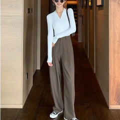 Hnewly Brown Loose Summer Women's Suit Pants Wide Leg Brown Fluid High Waist Casual Dress Pants Ice Silk Straight Female Trousers