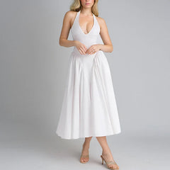 Hnewly Elegant V Neck White Long Dress Women Fashion Hanging Neck A Line Party Drsses Woman Pocket Pleated Princess Sundress Mujer