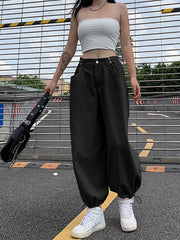 Hnewly Y2K Fashion Khaki Oversized Cargo Pants Hip Hop Style Loosed Adjustable Waist Drawstring Long Pant Streetwear 90s Autumn