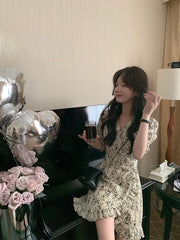 Hnewly Vintage V-Neck Printing Butterfly Sleeve Mini Dresses for Women Party Elegant Streetwear Slim Bodycon Dress Korea Summer