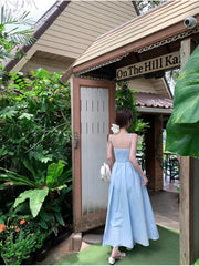 Hnewly Japanese Midi Dress Women Casual Sweet Elegant Strap Blue Bow Strapless Dress Beach Style One Piece Dress Korean Summer