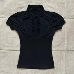 Lunivop Chic Euramerican Vintage Fashion Stand Collar Pleated T Shirts Y2k Aesthetic Harajuku Solid Punk Clothes Slim Fit Draped Shirt
