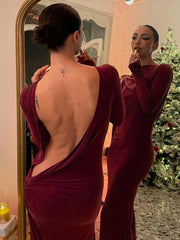 Hnewly Cutenew Christmas Backless Split Dress Women Trend Chic Full Sleeve Irregular Peach Hip Sexy Prom Elegant Stretch Slim Bodycon