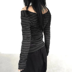Hnewly Grunge Top y2k Clothes Women Cybercore Striped Off Shoulder Long Sleeve T Shirt 2000s Gothic Clothing Fall Streetwear