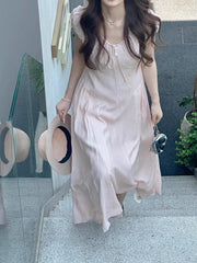 Hnewly Retro Sweet Style Pink V-Neck Short Sleeve A-Line Maxi Dress Women's Summer New Waist-Cinching Slimming Long Dress