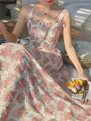 Hnewly Women Vintage Franch Style Female Strapless Party Dress ruffle Holiday Lady Boho Vestido Summer Print Floral sleeveless Dress