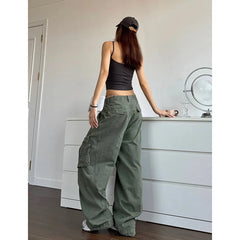 Hnewly NEW Green Jeans for Women High Quality High Waist American Wide Leg Pants Solid Y2K Vintage Straight Summer Trousers
