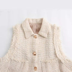 Hnewly Spring Autumn Tweed Vest Jacket Women's 2024 New Fashion Straight Short Top Elegant Raw Edge Sleeveless Chic Street Youth Coat