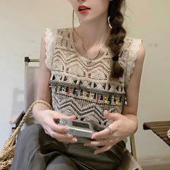 Hnewly Bohemian Style Crochet Hollow Out Sleeveless Knitted Vest Women's Summer Top