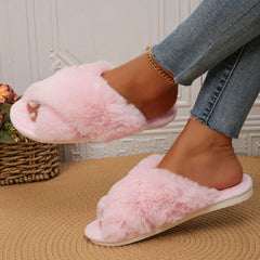 Hnewly Faux Fur Corss Band Fuzzy Slippers Women Winter Warm Plush Indoor Fluffy Shoes Woman Soft Sole Open Toe Home Cotton Slippers