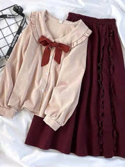Hnewly spring birthday outfit Korean Girl Kawaii Suits Peter Pan Collar Tie Fashion Shirt High Waist + Slim Double Fungus Edge Retro Skirt Elegant Set