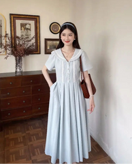 Hnewly Women Dresses Elegant Peter Pan Collar Lace Patchwork Preppy Style Short Sleeve Summer Fashion French Style Female Dress